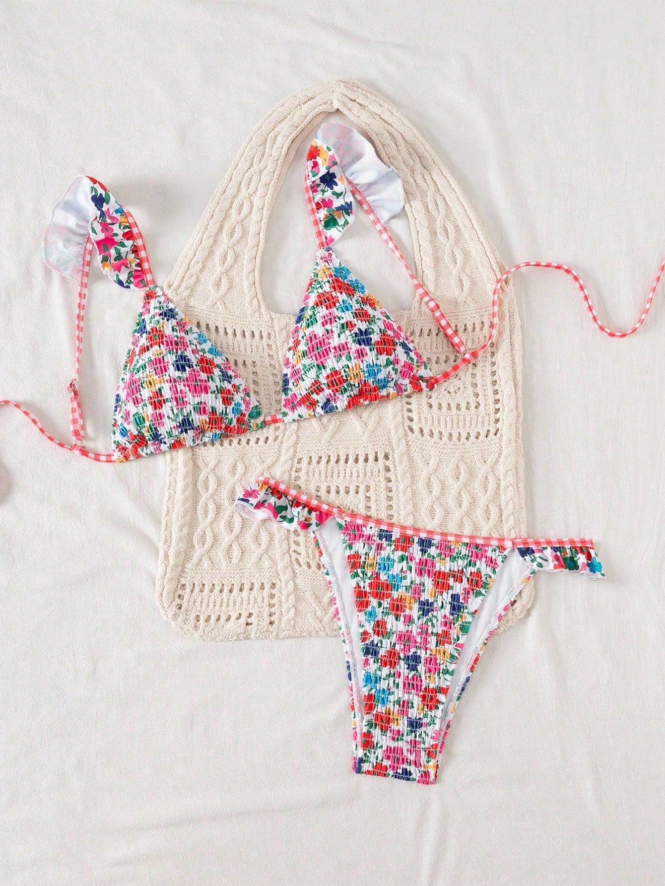 Swim Mod Women's Minimalist Triangle Bikini Set With Floral Beach Print For Summer Beach Vacation - image 9