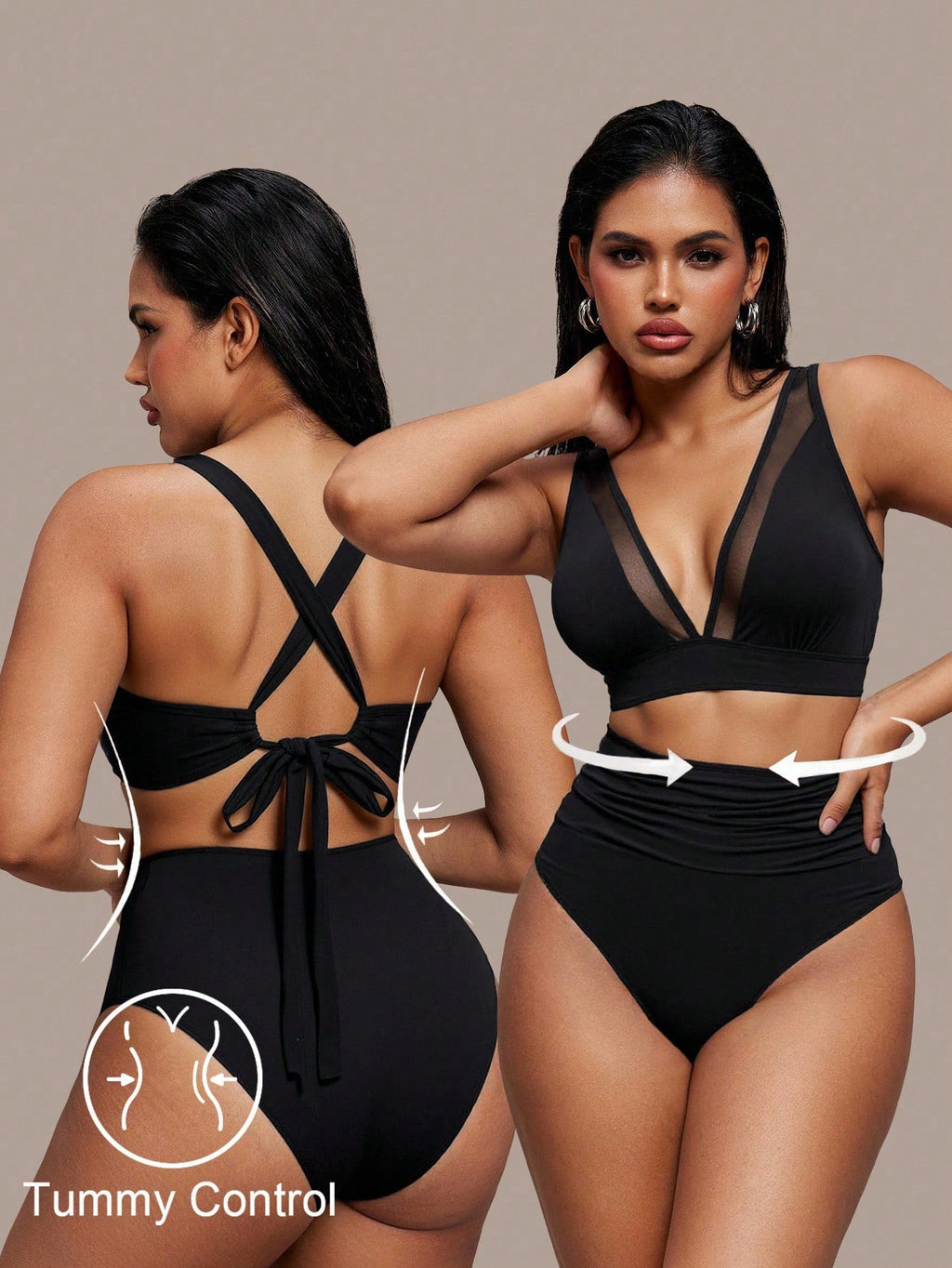 Shapewave 2pcs Women Red Bikini Set,Summer Mesh Patchwork Wireless V-Neck Criss-Cross Strap Open Back,High