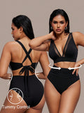 Shapewave 2pcs Women Red Bikini Set,Summer Mesh Patchwork Wireless V-Neck Criss-Cross Strap Open Back,High