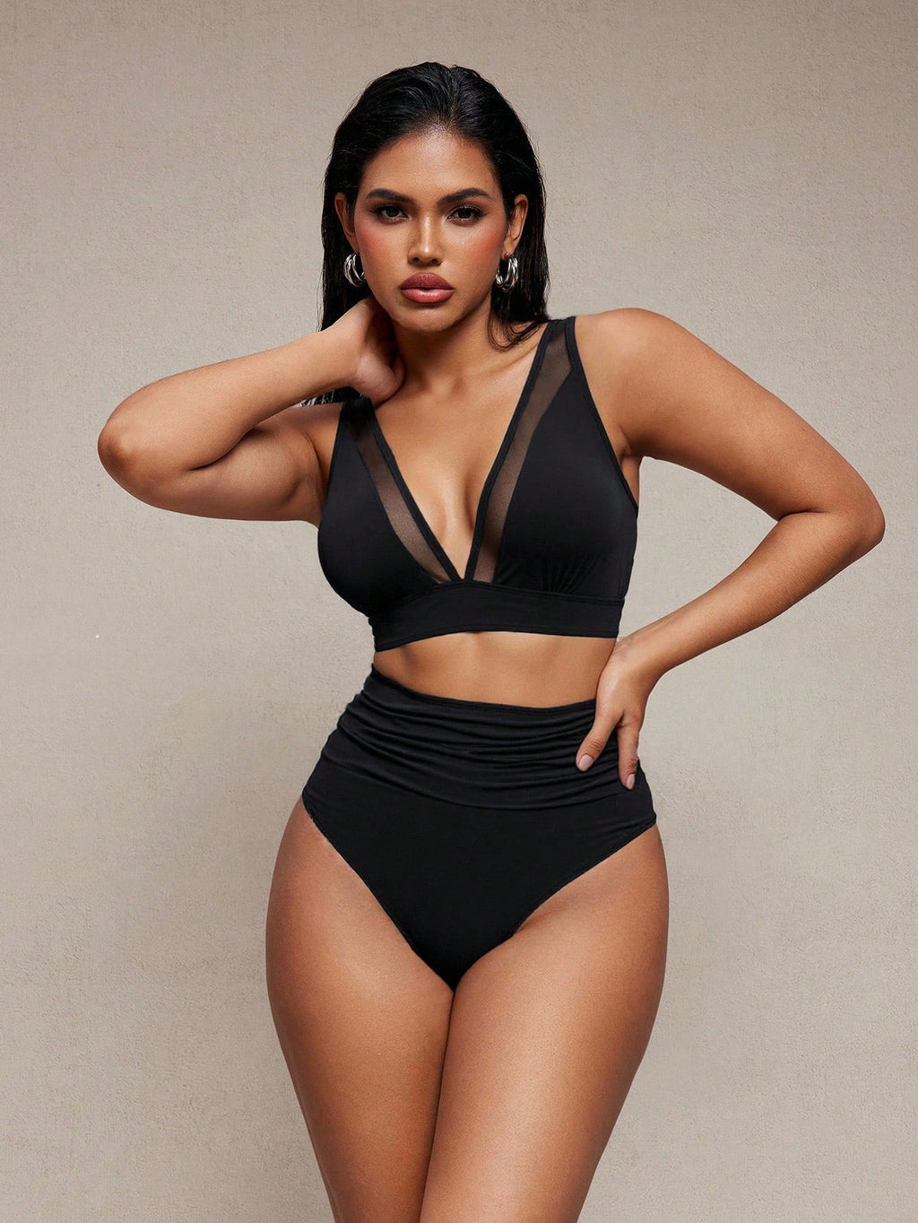 Shapewave 2pcs Women Red Bikini Set,Summer Mesh Patchwork Wireless V-Neck Criss-Cross Strap Open Back,High - image 4