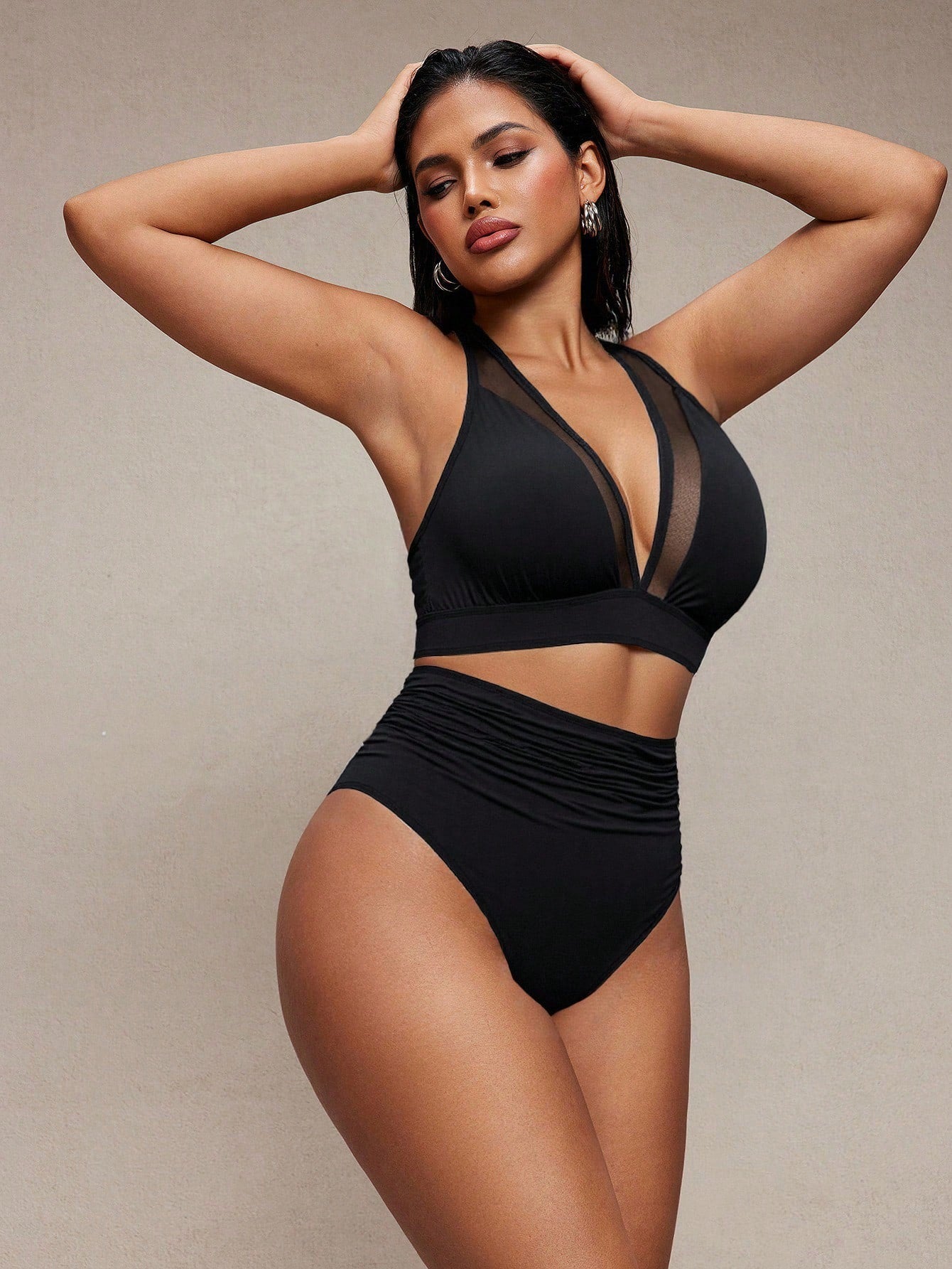 Shapewave 2pcs Women Red Bikini Set,Summer Mesh Patchwork Wireless V-Neck Criss-Cross Strap Open Back,High - image 5