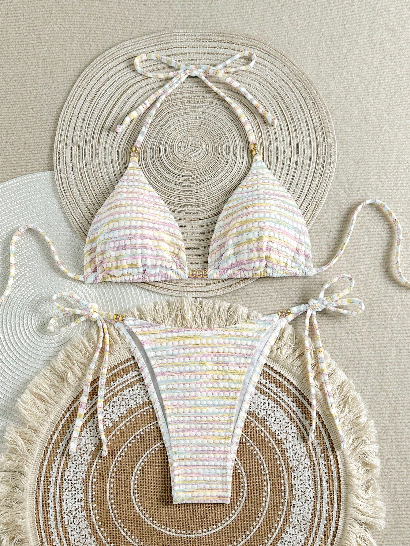 Mother's Day 1pc Elegant Colorful Striped Beaded Halter Bikini Set,