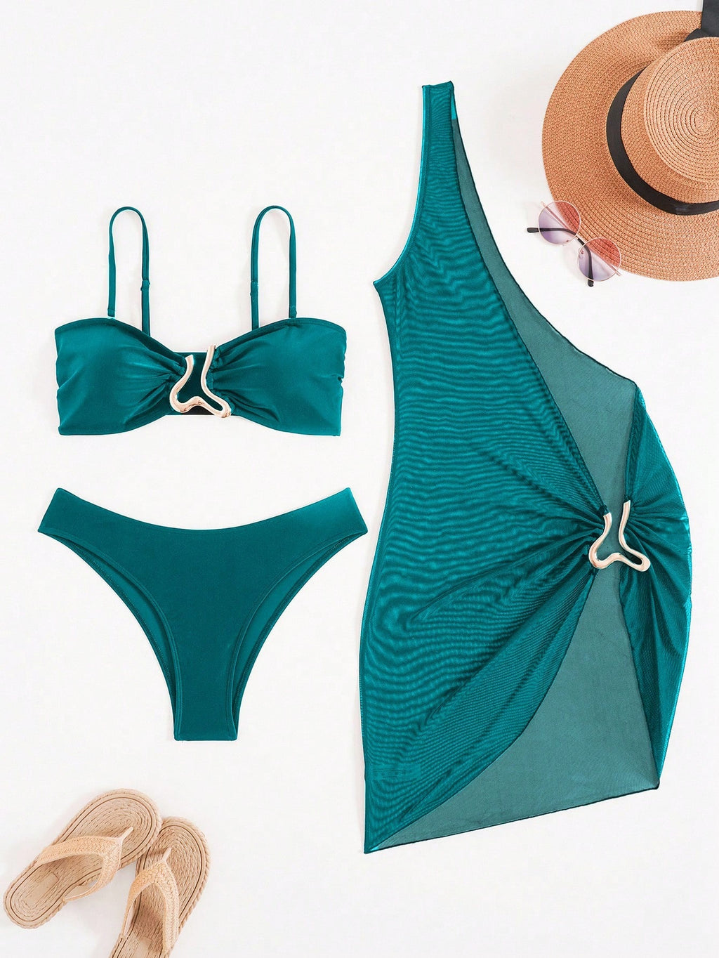 Bonvoyette 3pcs Women's Swimwear Bikini Set,Black,Summer,70s Retro,Holiday,Party