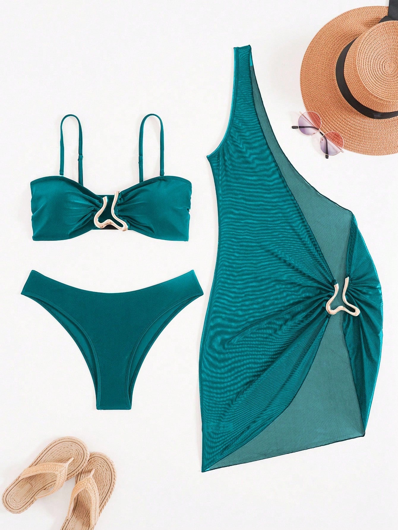 Bonvoyette 3pcs Women's Swimwear Bikini Set,Black,Summer,70s Retro,Holiday,Party