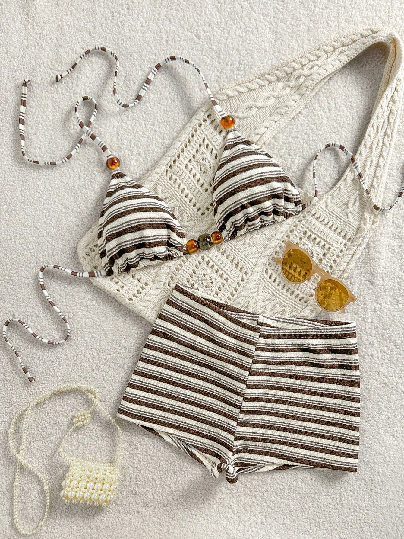 Swim Vcay Women's Summer Casual Cute 2 Pieces Beachwear Set, Resin Bead Decor Triangle Bikini Top And Shorts, - image 5