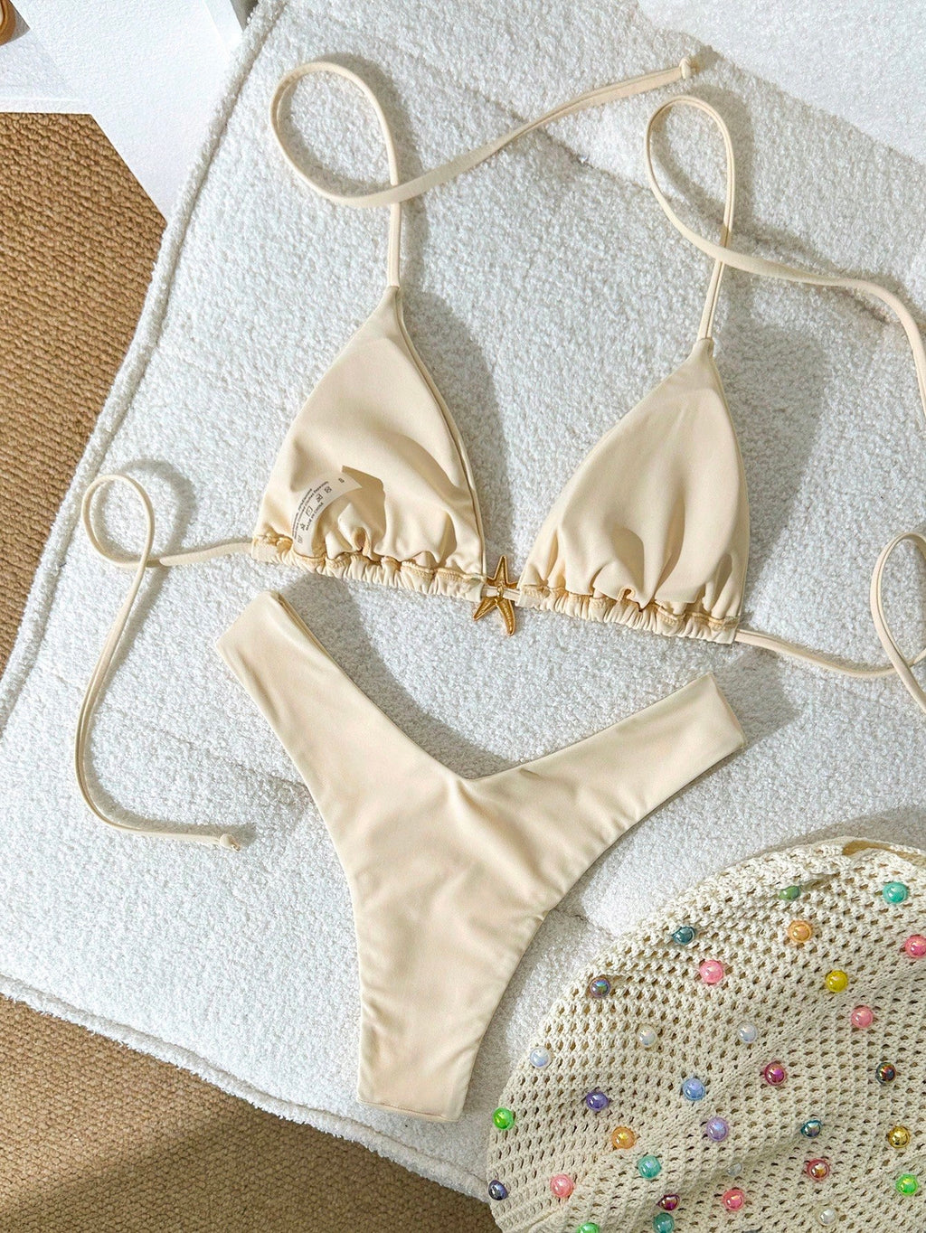 Swim Mod Women's Solid Color Metal Decor Spaghetti Strap Sexy Bikini