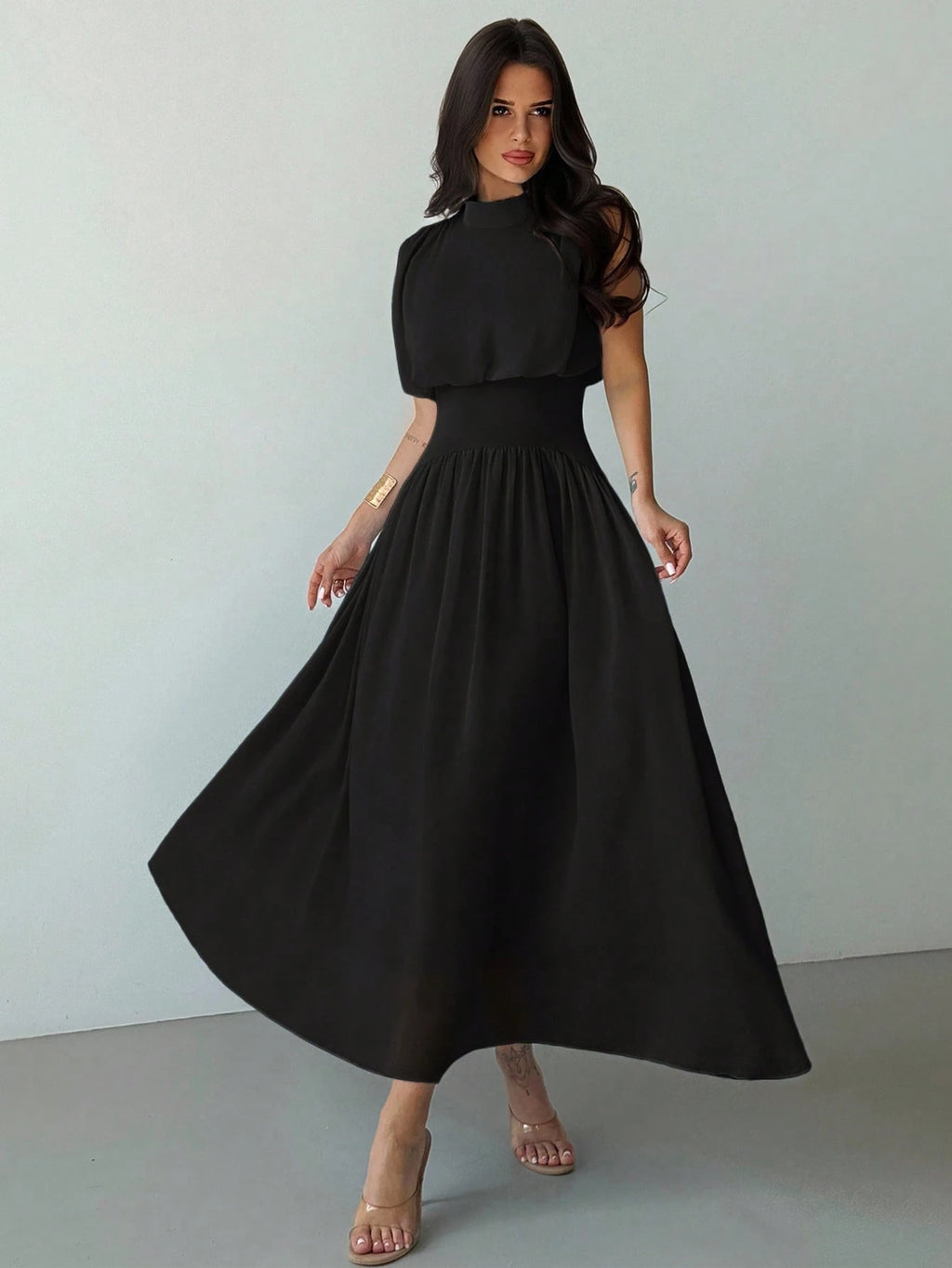 Firerie Women's Coffee Brown Elegant High Neck Cinched Waist A-Line Dress,Autumn Brunch Commuter Vacation