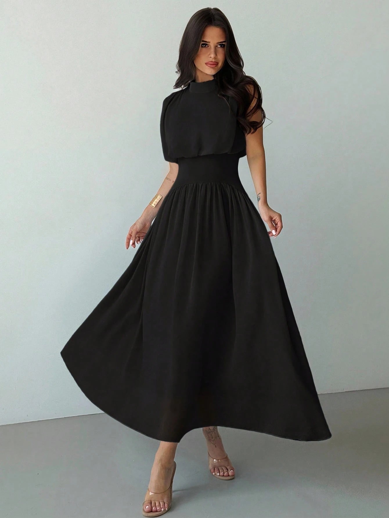 Firerie Women's Coffee Brown Elegant High Neck Cinched Waist A-Line Dress,Autumn Brunch Commuter Vacation