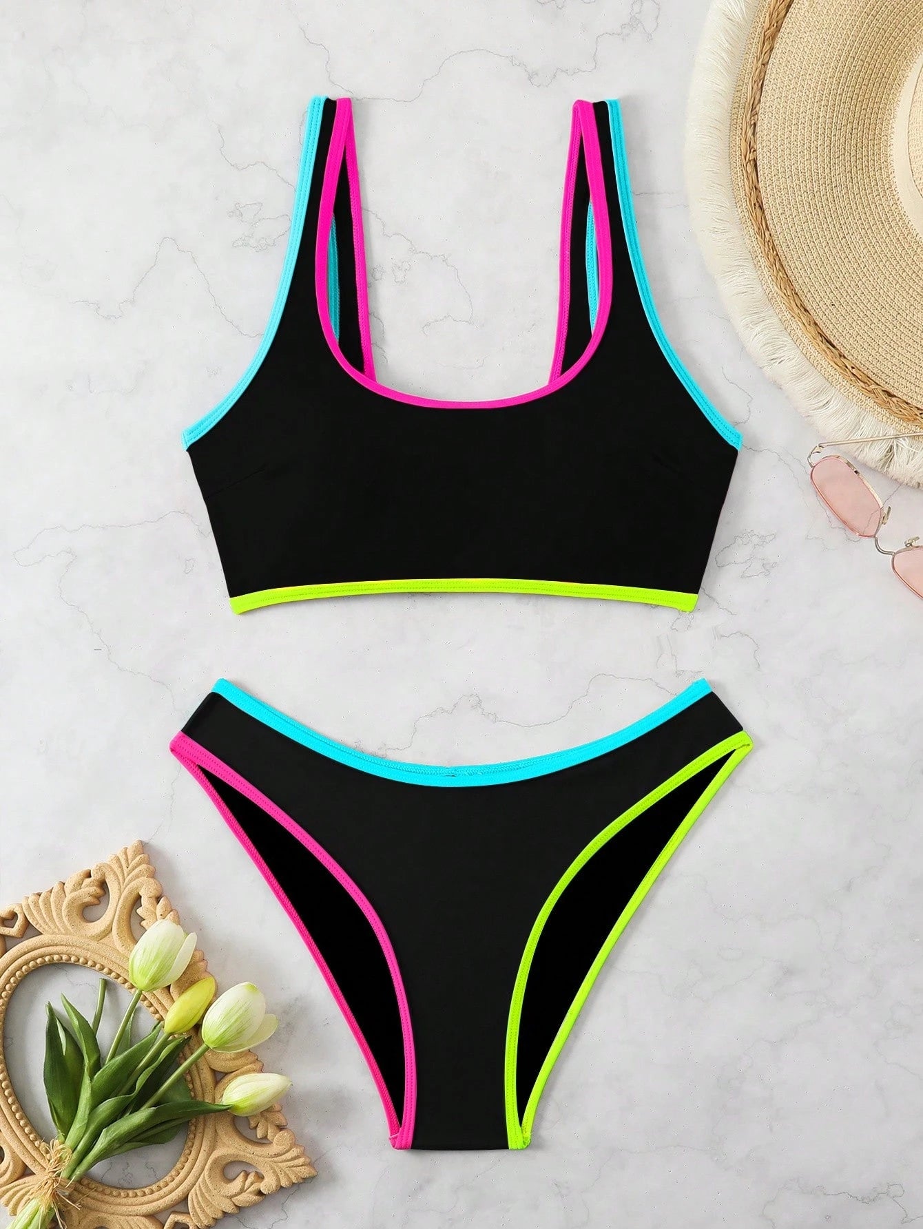 2pcs/Set Women Candy Color Contrast Color Bandeau Bikini Set, Fresh &