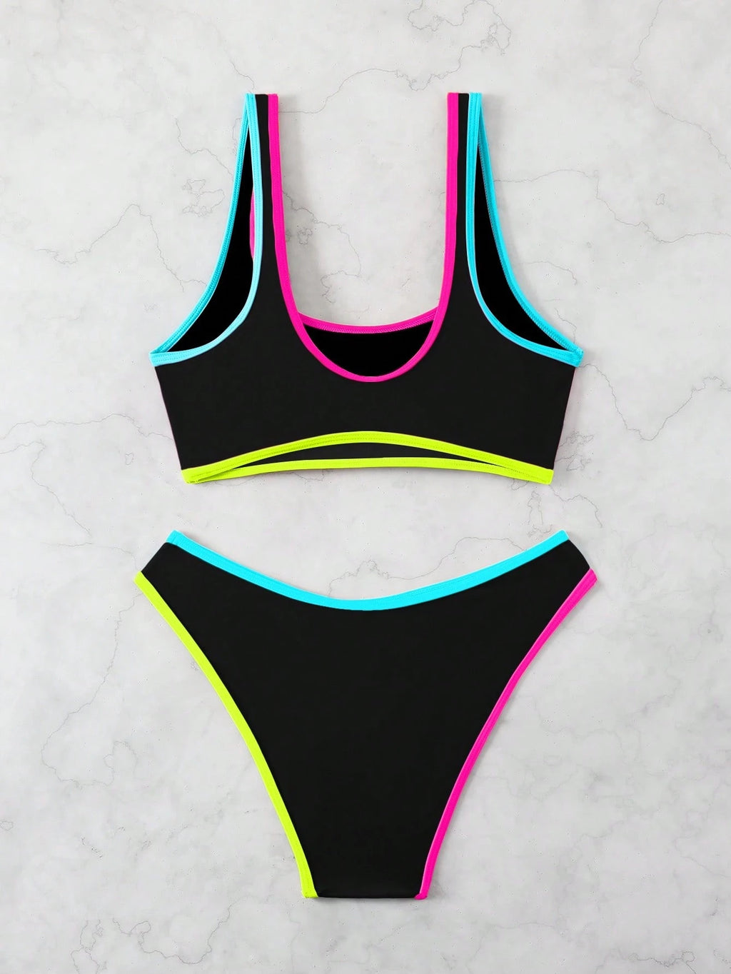 2pcs/Set Women Candy Color Contrast Color Bandeau Bikini Set, Fresh &