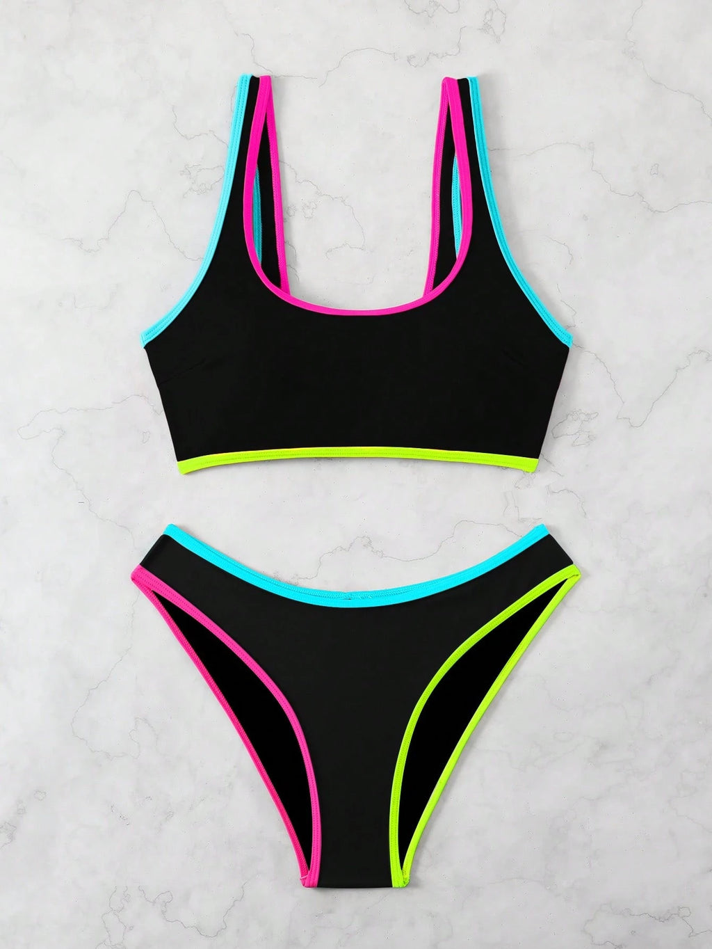 2pcs/Set Women Candy Color Contrast Color Bandeau Bikini Set, Fresh &