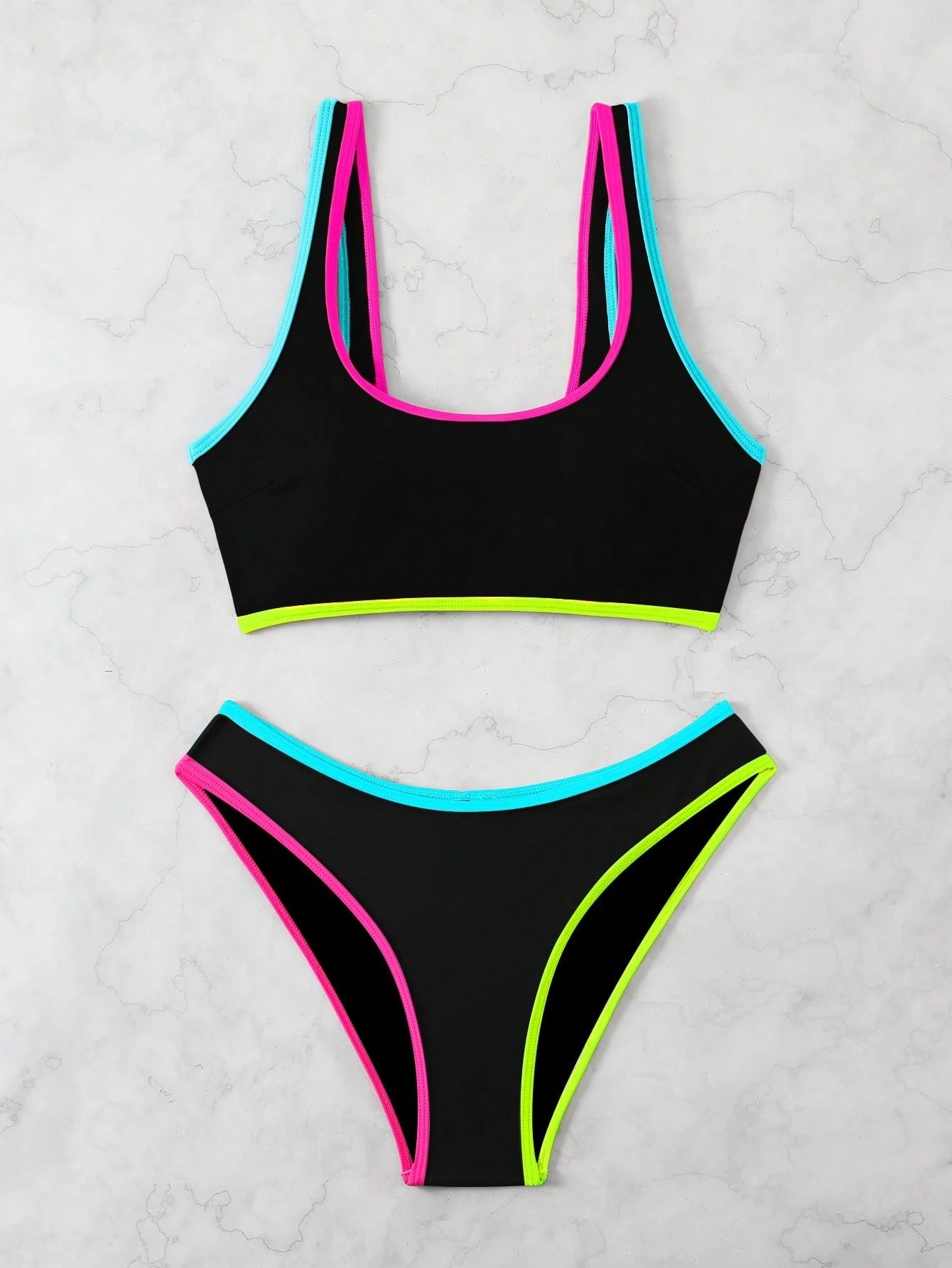 2pcs/Set Women Candy Color Contrast Color Bandeau Bikini Set, Fresh &