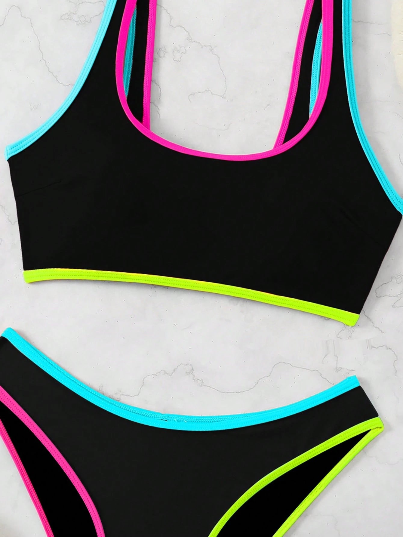 2pcs/Set Women Candy Color Contrast Color Bandeau Bikini Set, Fresh &