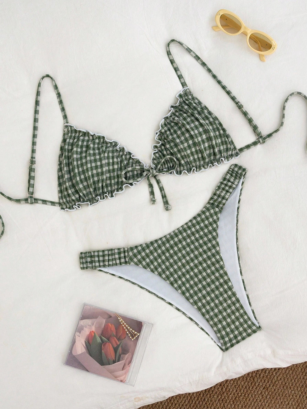 Swim Mod Embroidered Mesh Fabric Thin Frill Edge Pleated Front Tie