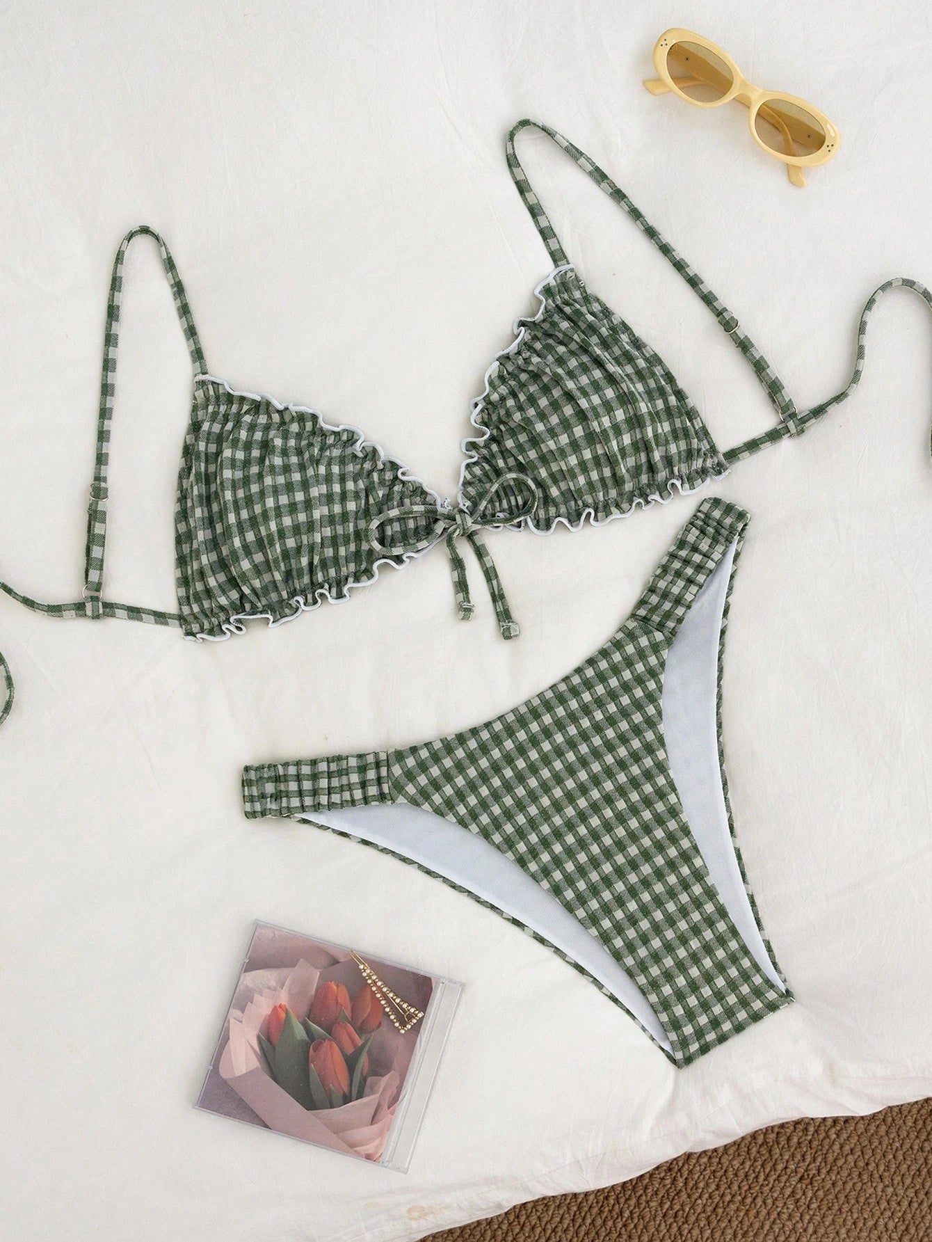 Swim Mod Embroidered Mesh Fabric Thin Frill Edge Pleated Front Tie