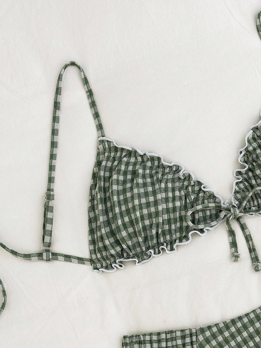 Swim Mod Embroidered Mesh Fabric Thin Frill Edge Pleated Front Tie