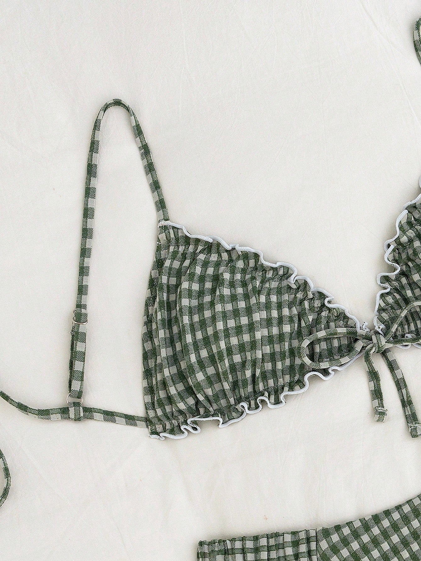 Swim Mod Embroidered Mesh Fabric Thin Frill Edge Pleated Front Tie