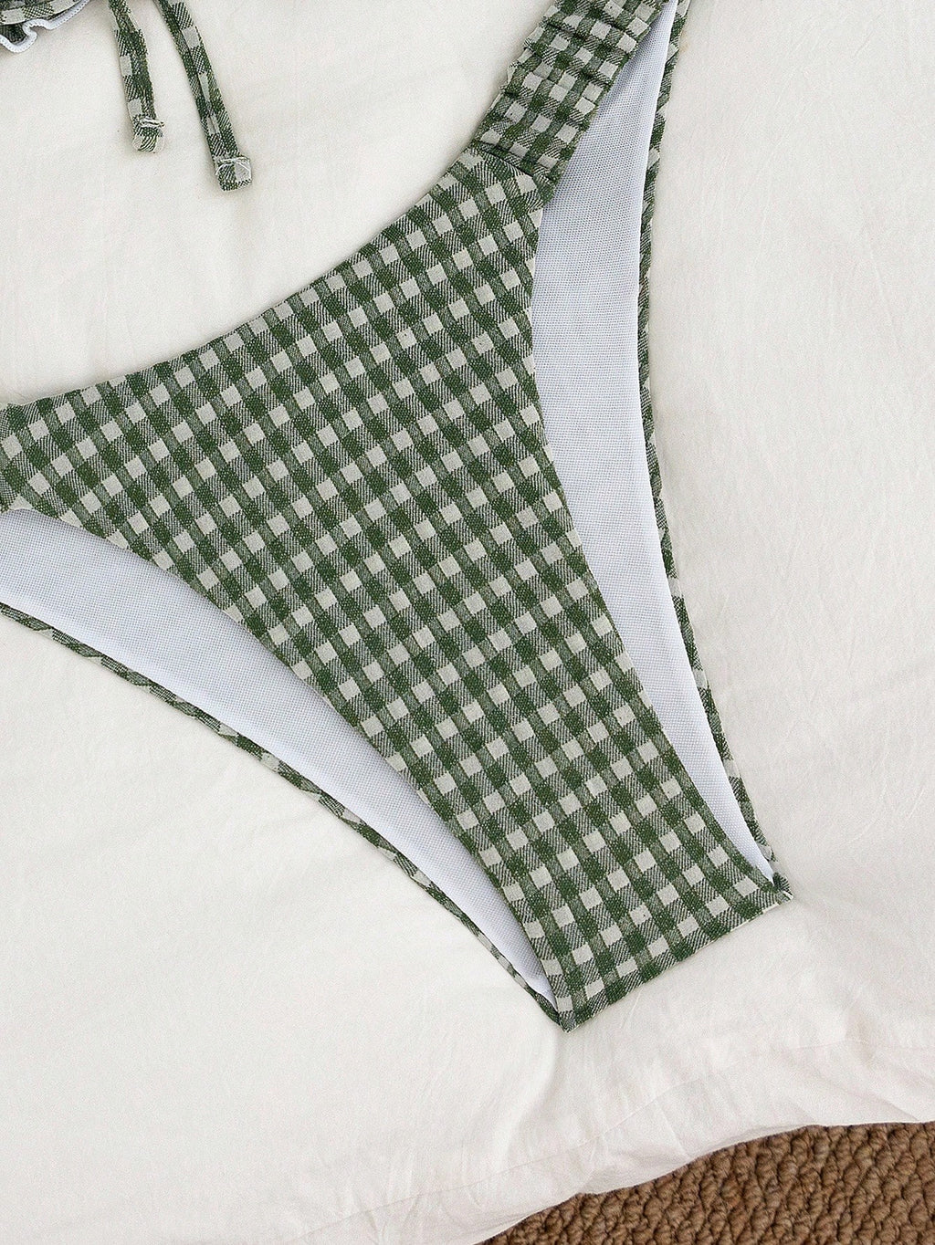 Swim Mod Embroidered Mesh Fabric Thin Frill Edge Pleated Front Tie