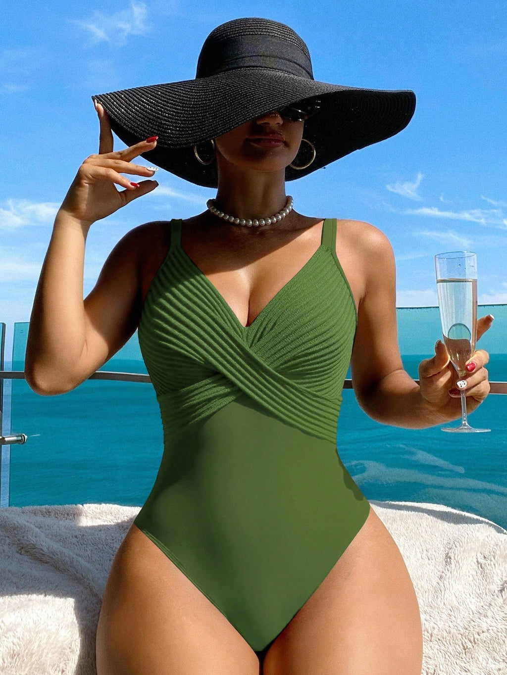 Swim Lushoire 1pc Striped Special Fabric Crisscross Front One-Piece Swimsuit Summer - image 3