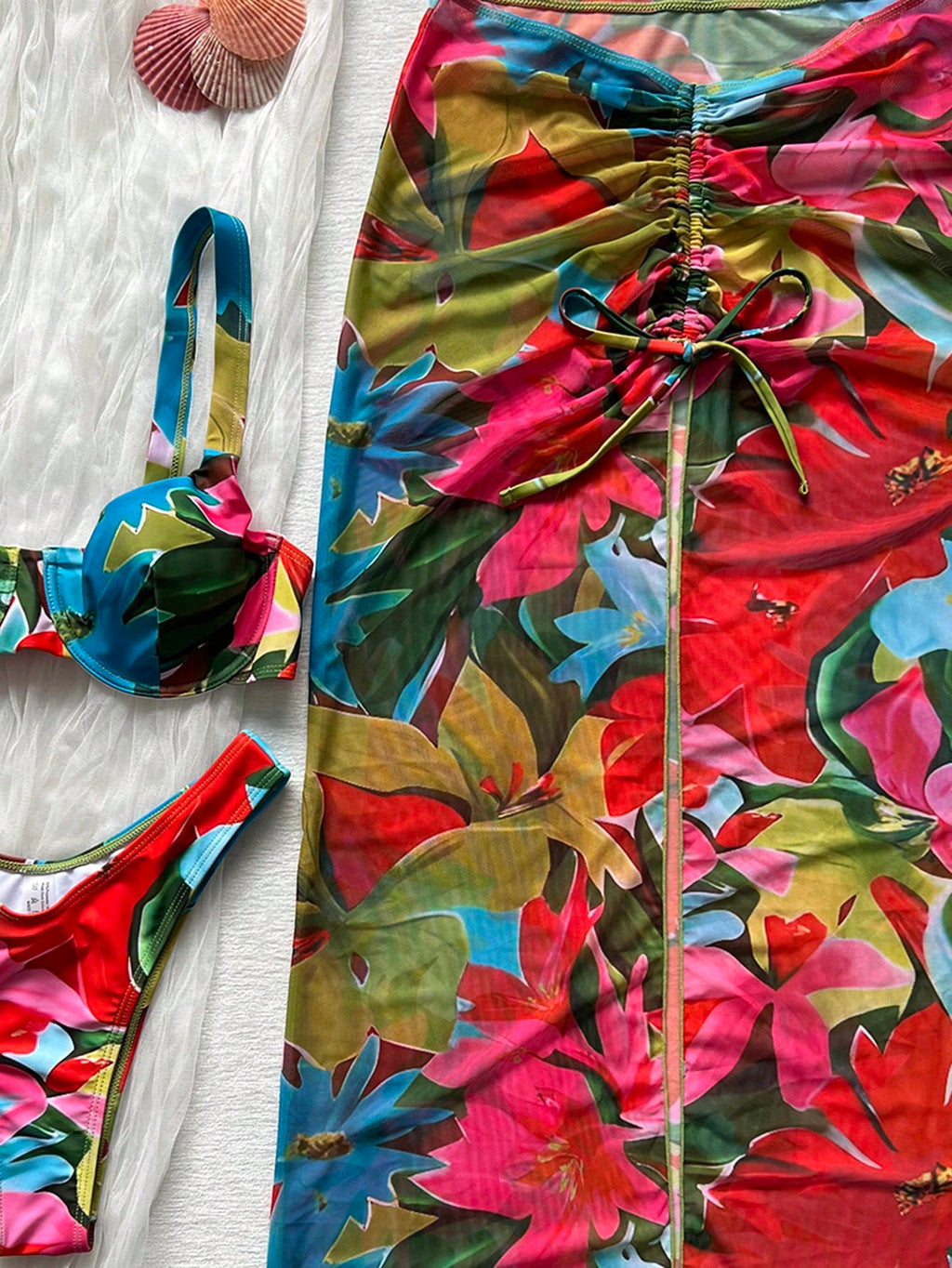 3pcs Women's Floral Bikini Set With Ombre Floral Print Mesh Maxi Skirt. The Tie-