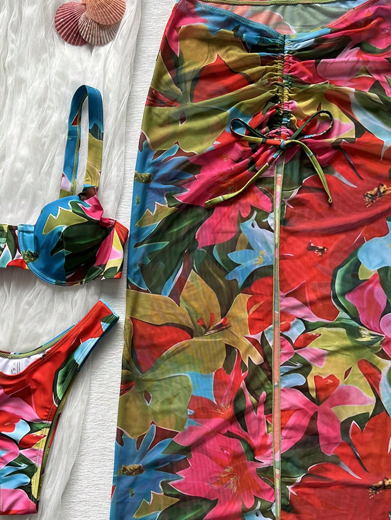 3pcs Women's Floral Bikini Set With Ombre Floral Print Mesh Maxi Skirt. The Tie-