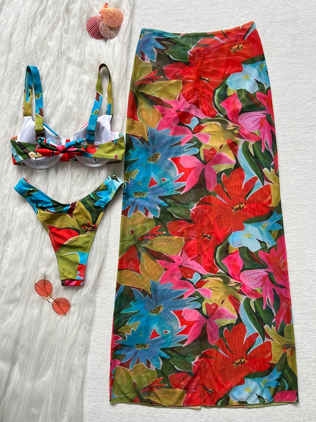 3pcs Women's Floral Bikini Set With Ombre Floral Print Mesh Maxi Skirt. The Tie-