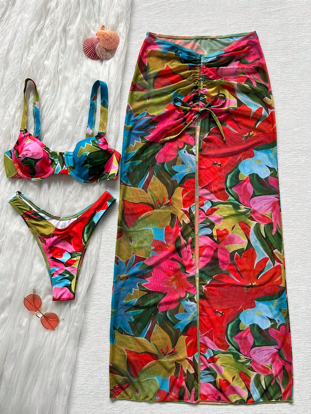 3pcs Women's Floral Bikini Set With Ombre Floral Print Mesh Maxi Skirt. The Tie-