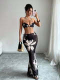 Selianne Women 3Pcs Set Floral Print Shell Decor Backless Bikini &