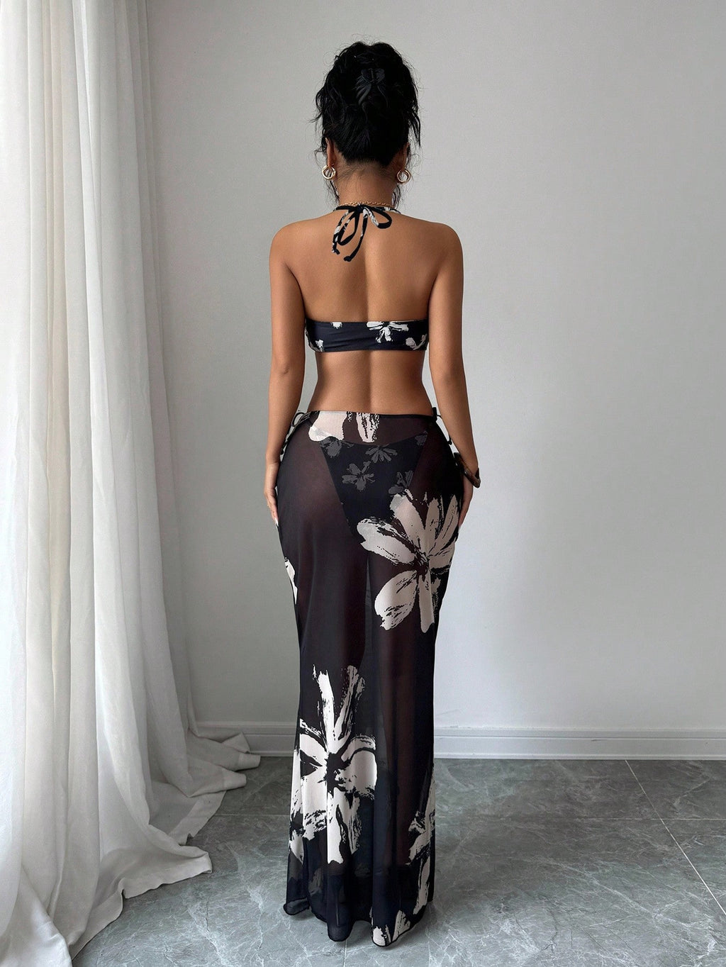 Selianne Women 3Pcs Set Floral Print Shell Decor Backless Bikini &