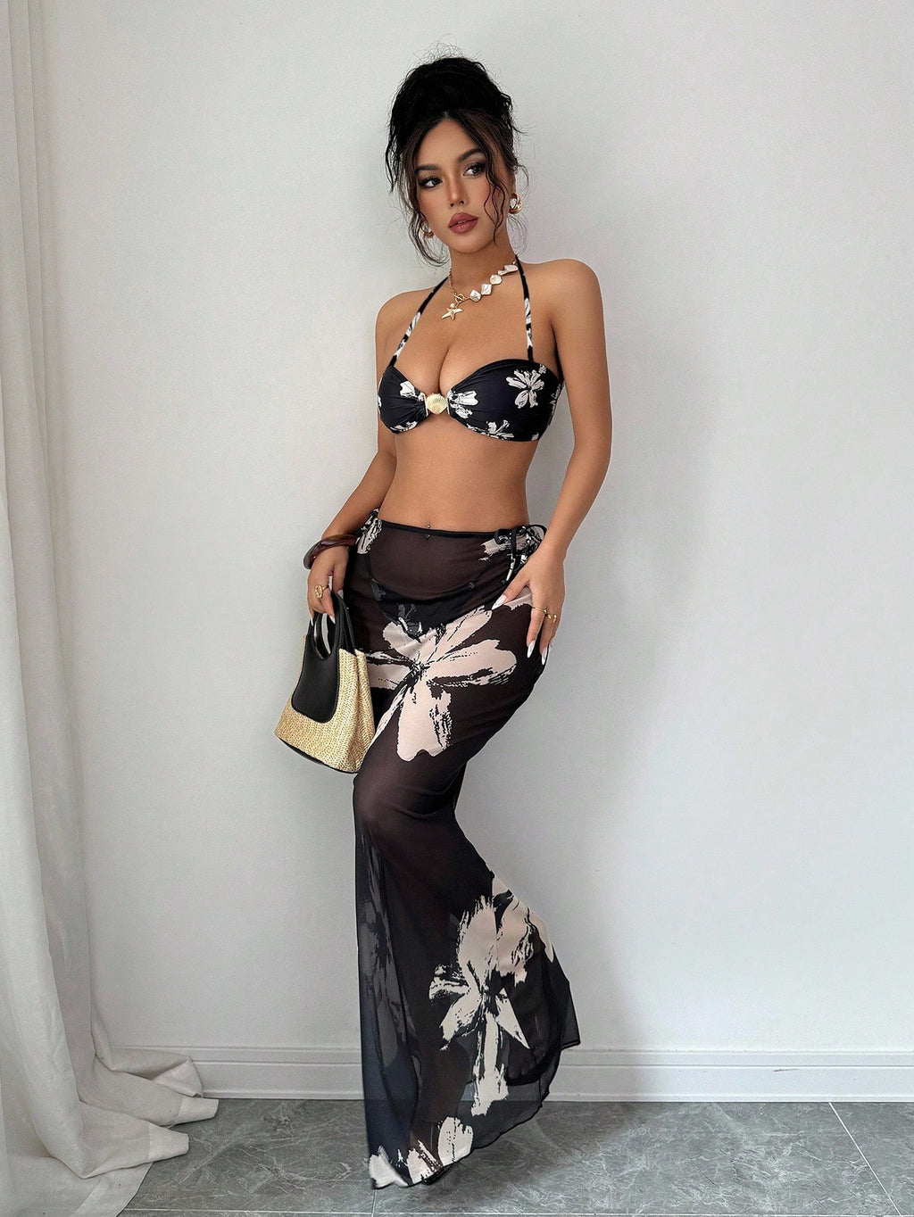 Selianne Women 3Pcs Set Floral Print Shell Decor Backless Bikini &