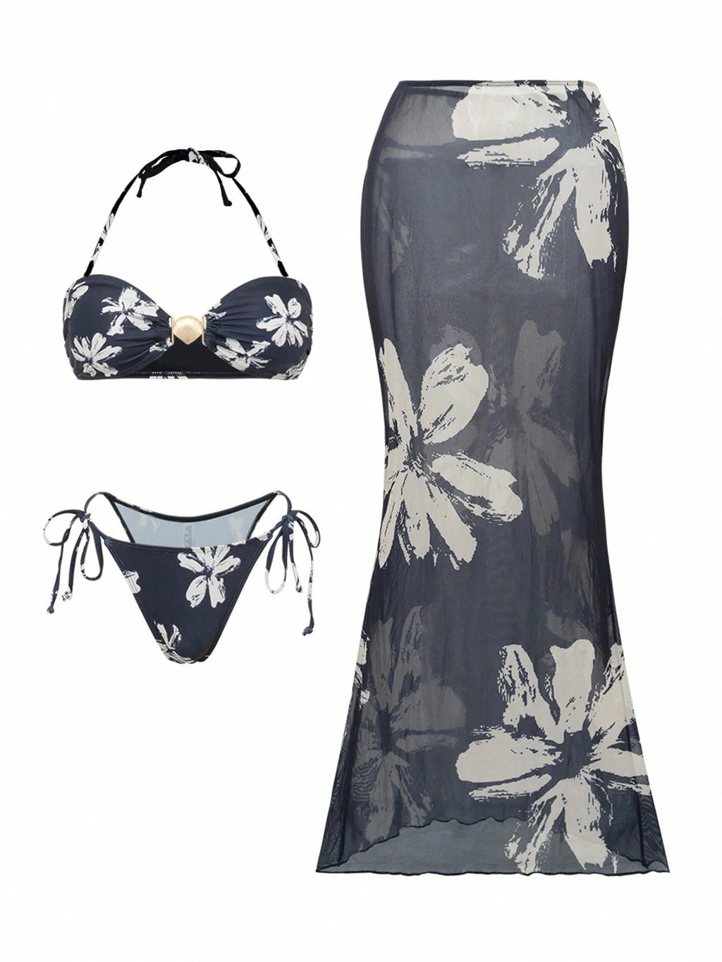 Selianne Women 3Pcs Set Floral Print Shell Decor Backless Bikini &