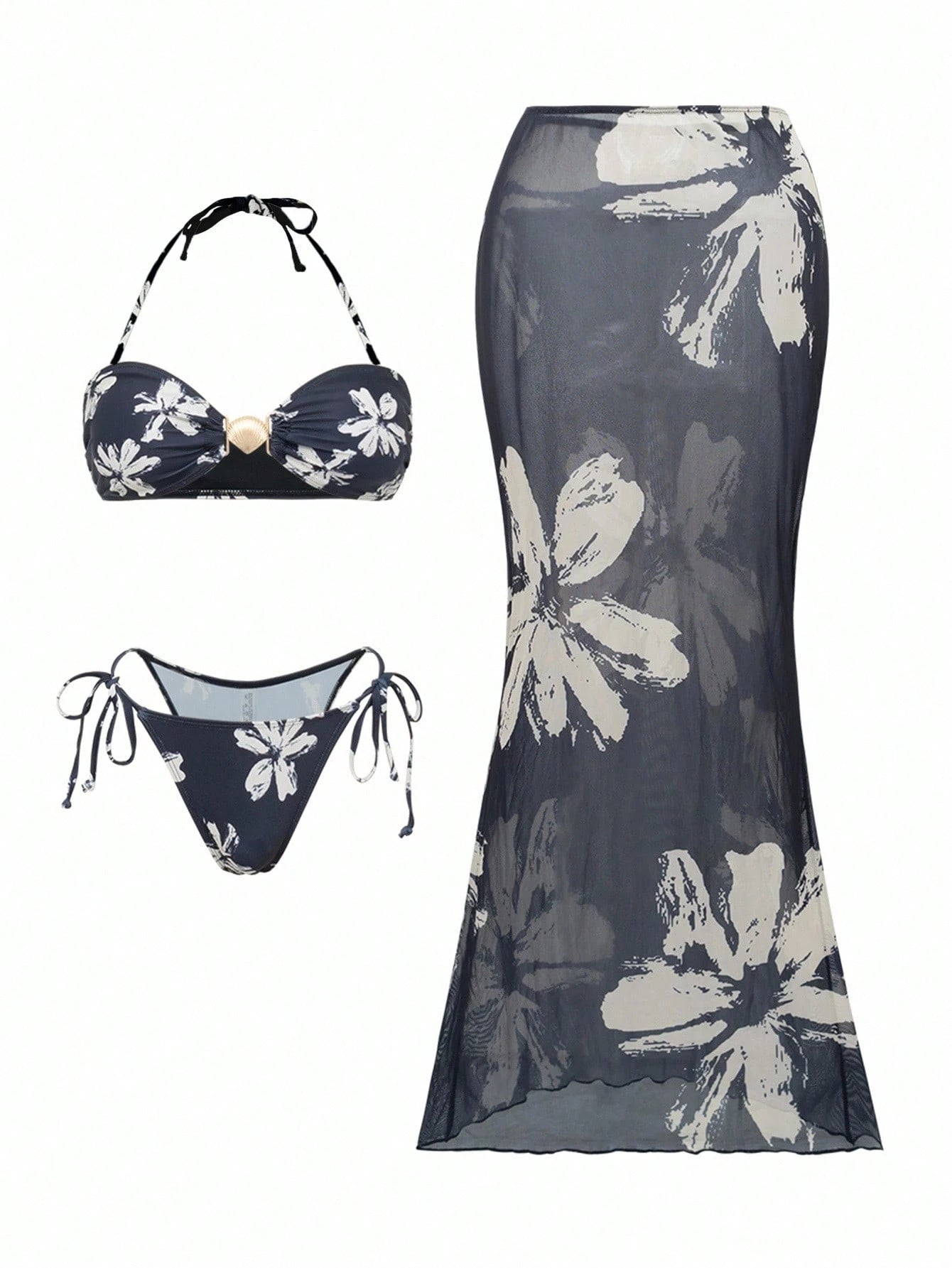 Selianne Women 3Pcs Set Floral Print Shell Decor Backless Bikini &