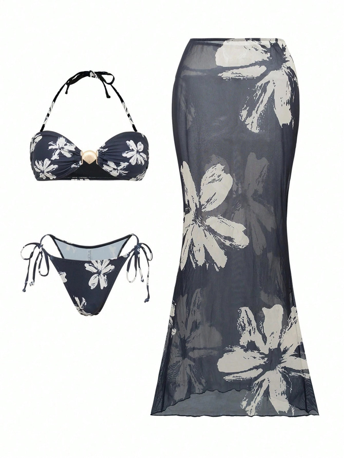 Selianne Women 3Pcs Set Floral Print Shell Decor Backless Bikini & Mesh Maxi Skirt Swimwear Set, Summer - image 6