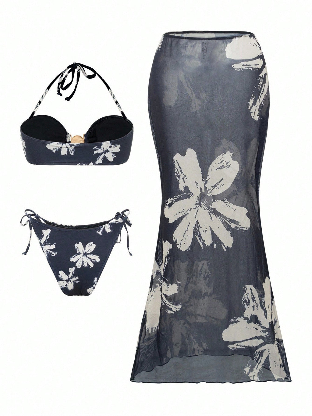 Selianne Women 3Pcs Set Floral Print Shell Decor Backless Bikini &
