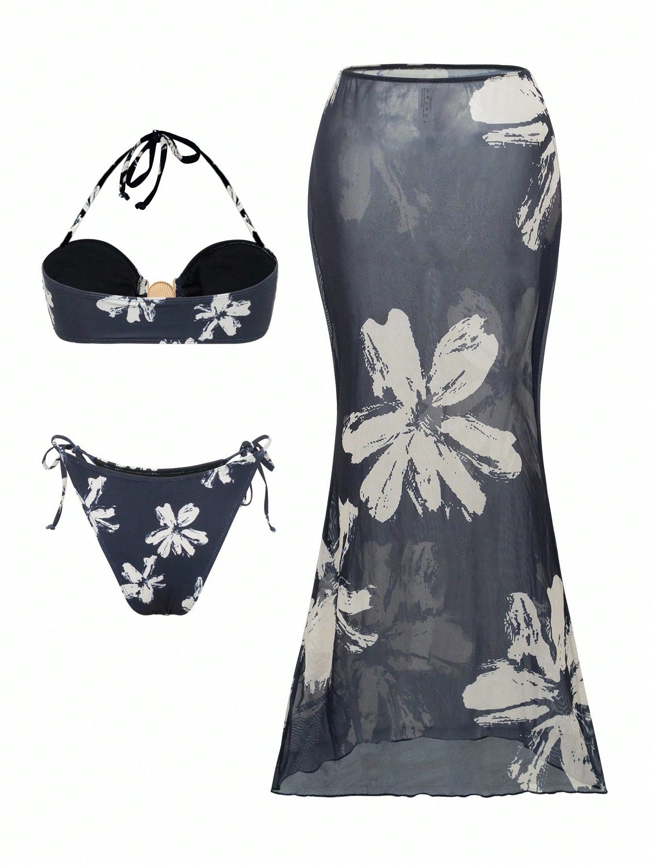 Selianne Women 3Pcs Set Floral Print Shell Decor Backless Bikini &