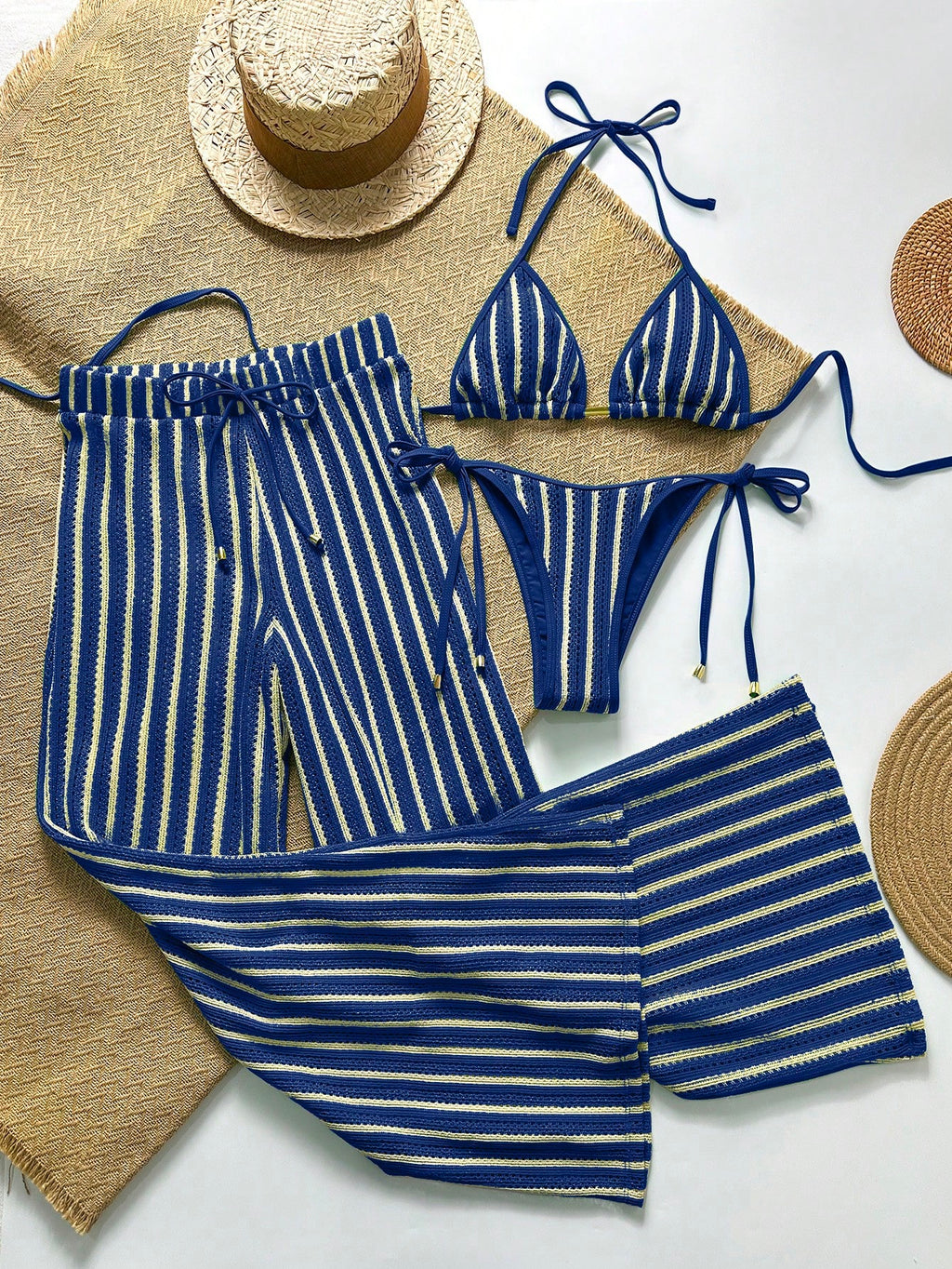 3pcs Women Crochet Bikini Set, Pants & Beach Cover Up, European Fashion Ladies Swimwear For Summer Holiday - image 8