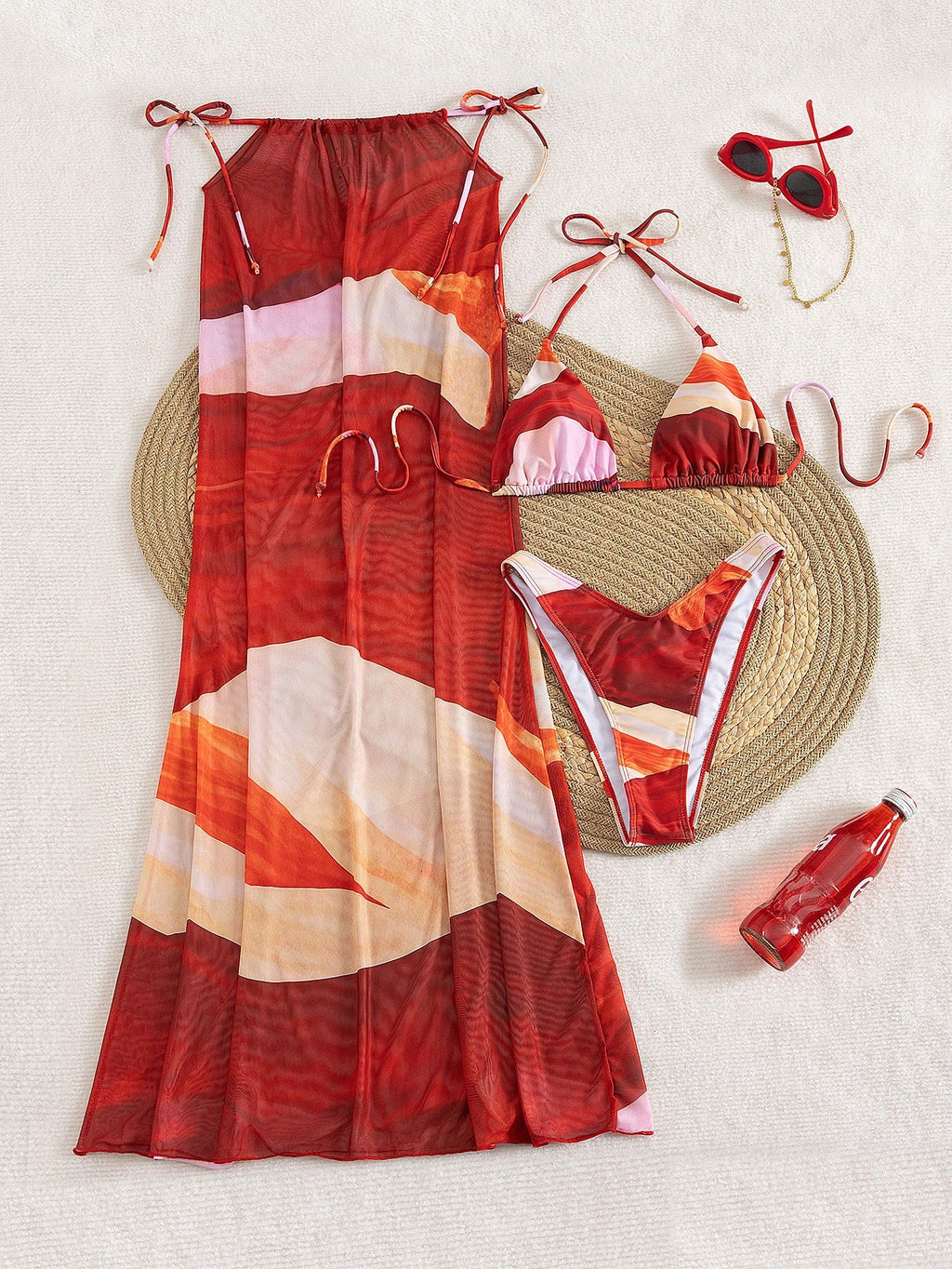3pcs/Set Women's Halter Floral Print Skirt And Bikini Swimsuit Set, Summer Vacat