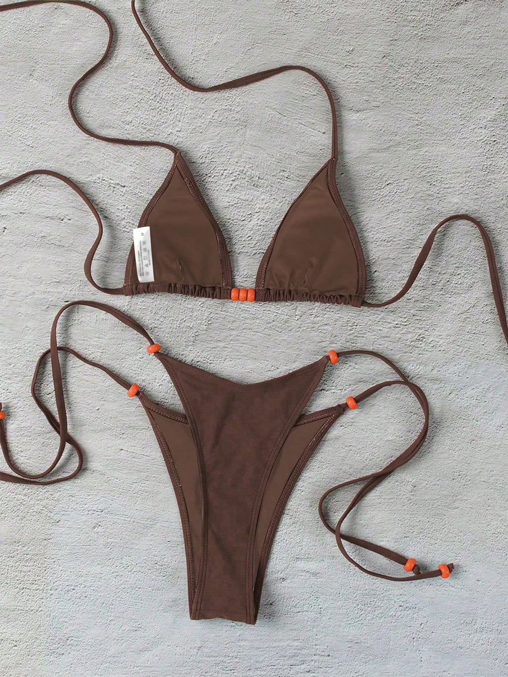 Polovedo Official New Brown Solid Color Tie-Up Bikini Set, Elegant Sexy Beach Ho