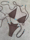 Polovedo Official New Brown Solid Color Tie-Up Bikini Set, Elegant Sexy Beach Ho