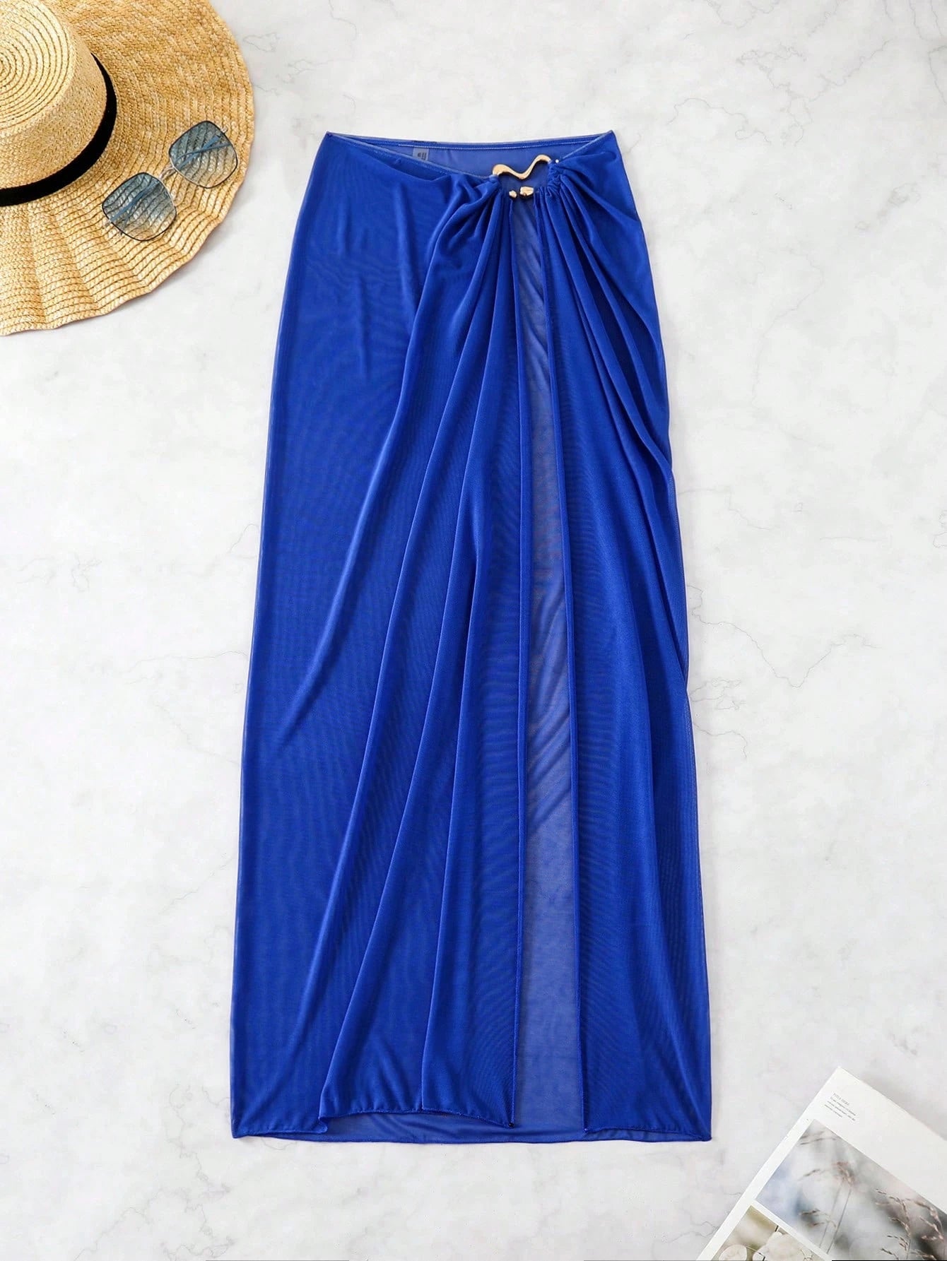 Swim Navy Blue See-Through High Slit Sexy Beach Sarong Skirt Summer - image 11