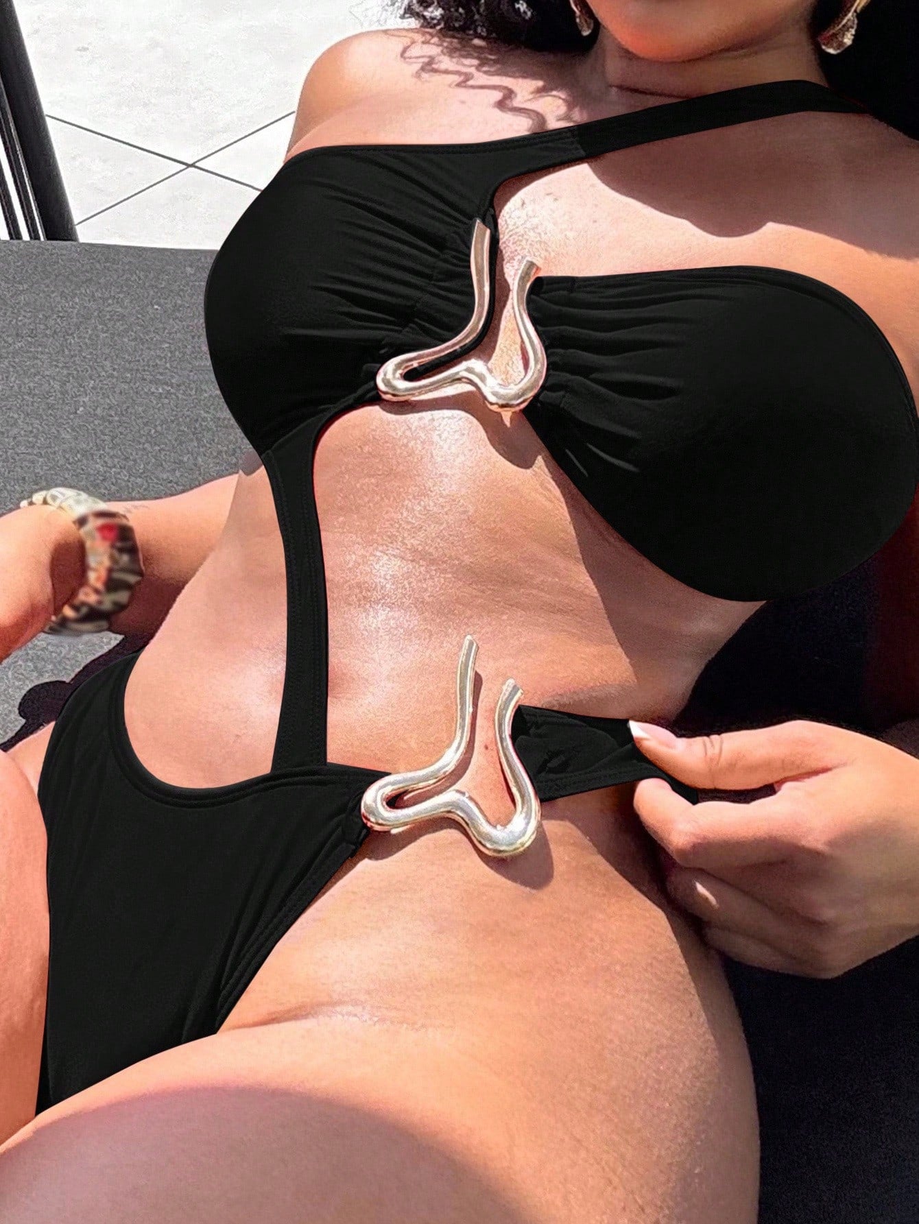 Alexandranx 1pc Women's Solid Metal Accent Asymmetrical Hollow-Out Sexy One-Piece Swimsuit Summer - image 3