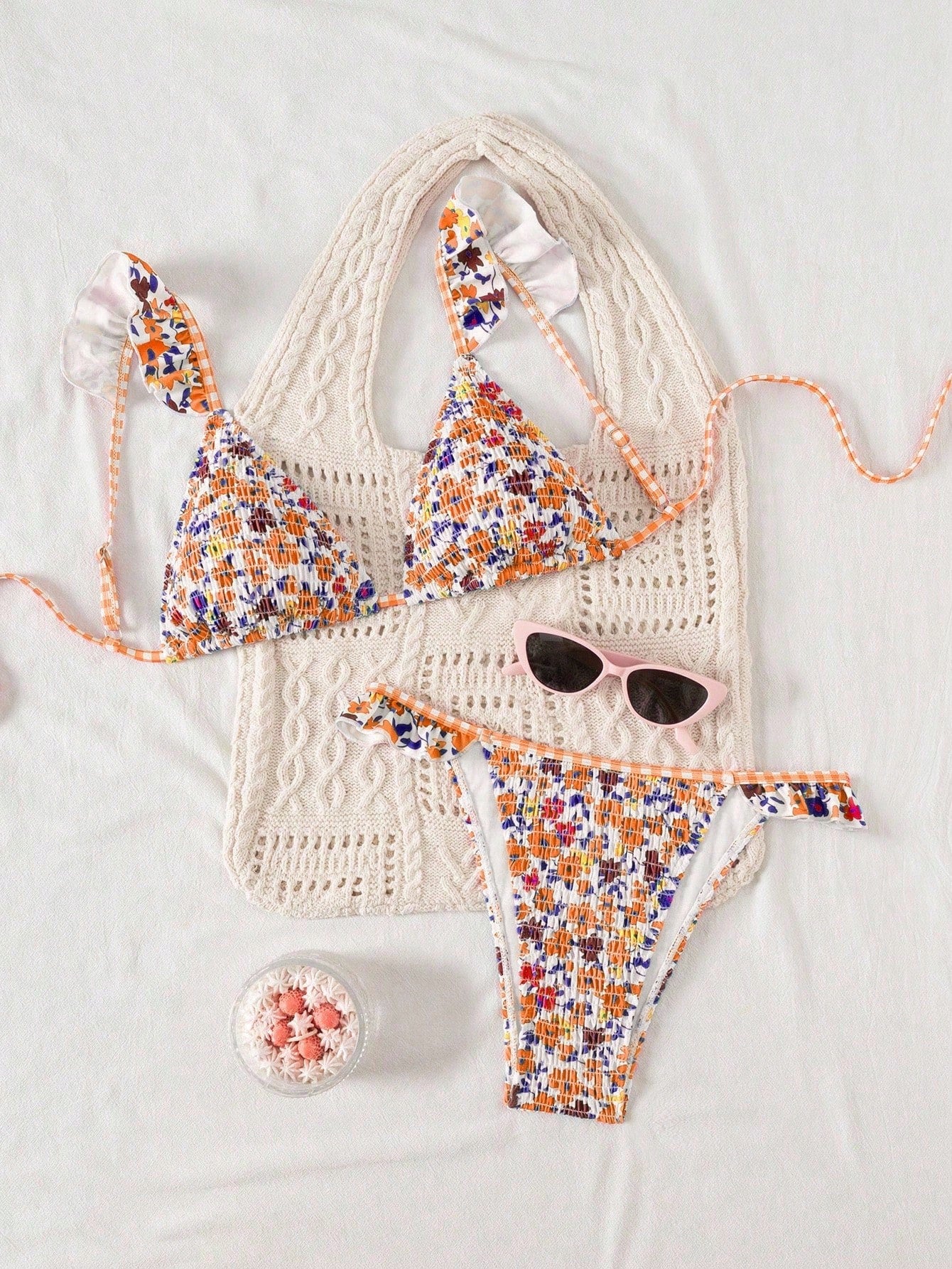 Swim Mod Women's Minimalist Triangle Bikini Set With Floral Beach Print For Summer Beach Vacation