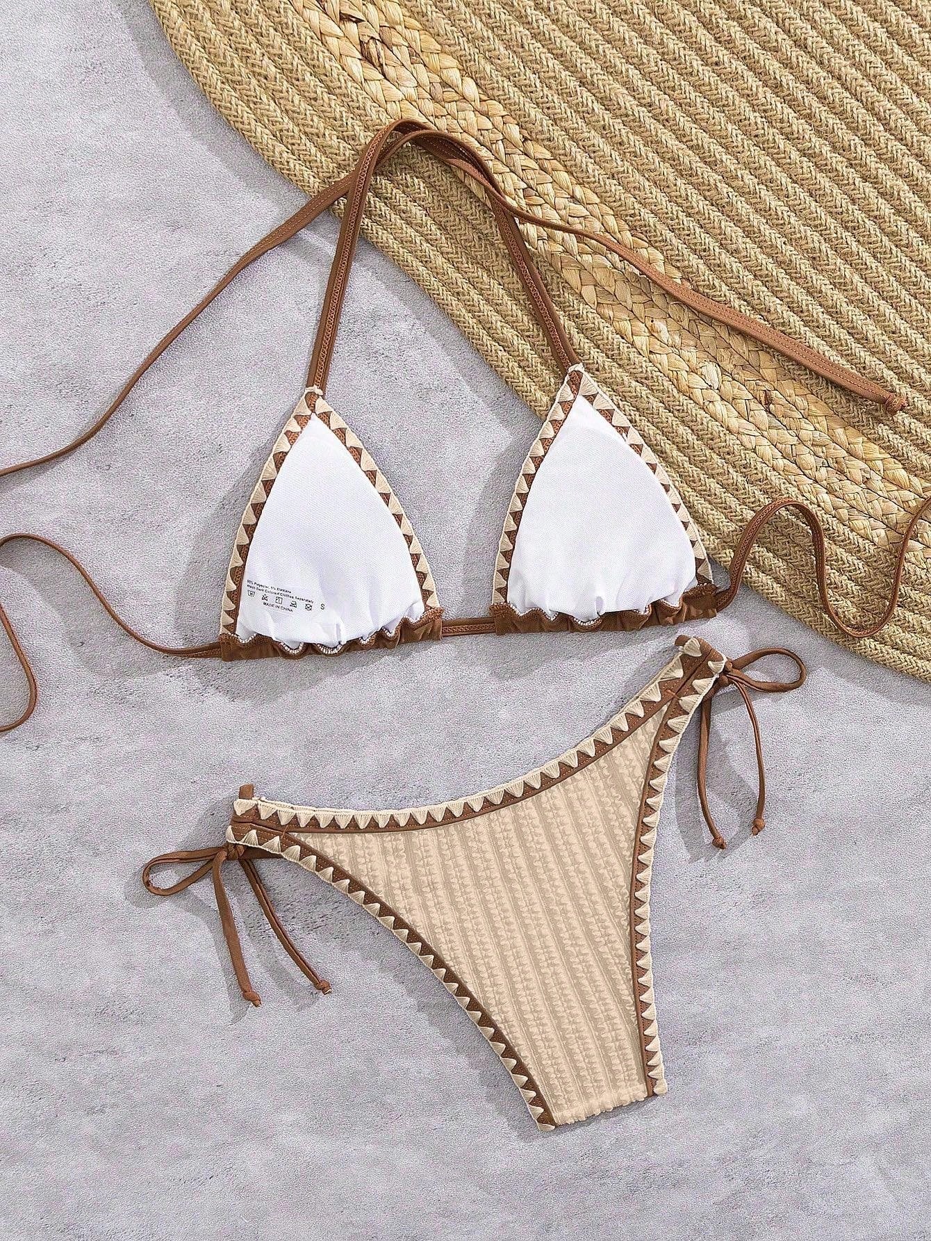 Bonvoyette Women's Elegant Chic White&Brown Contrast Trim Triangle