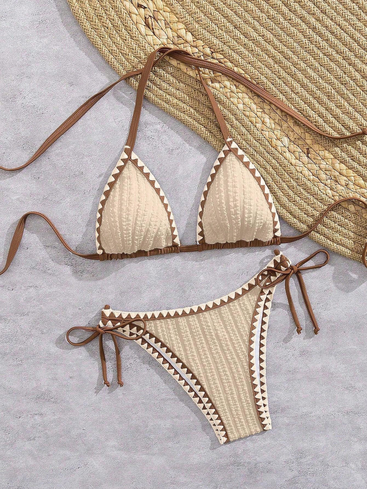 Bonvoyette Women's Elegant Chic White&Brown Contrast Trim Triangle Bikini Set, 2026 Luxe Ribbed Knit Halter - image 15