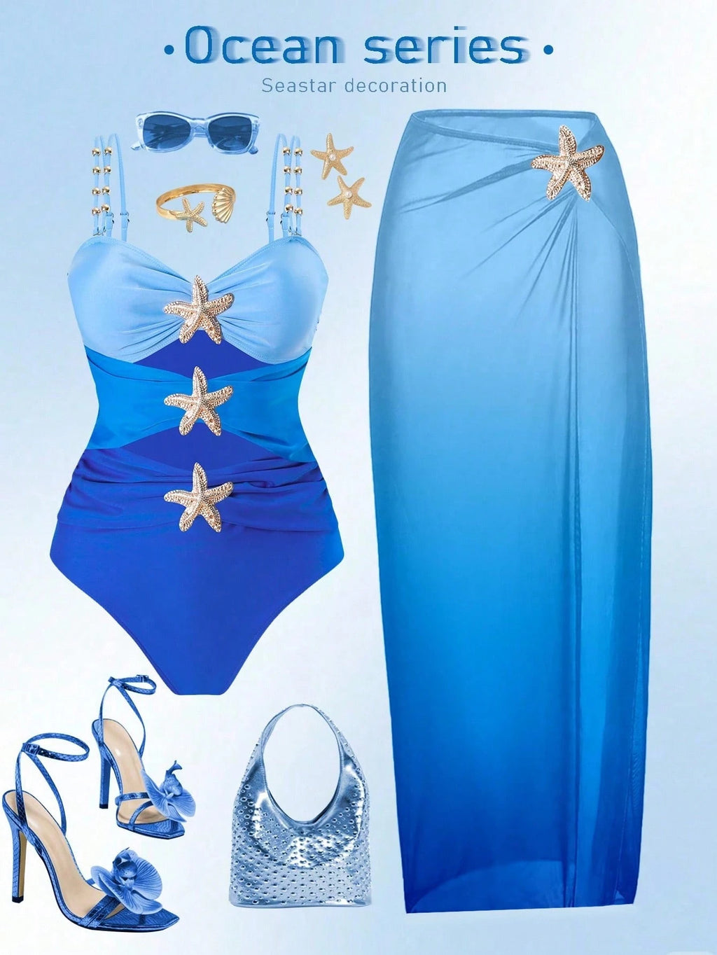 Swim Oasis Plus Size Onepiece Swimsuit, Ombre Blue To Navy Starfish Metal Decor, Simple & Elegant Beach