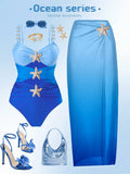 Swim Oasis Plus Size Onepiece Swimsuit, Ombre Blue To Navy Starfish Metal Decor, Simple & Elegant Beach