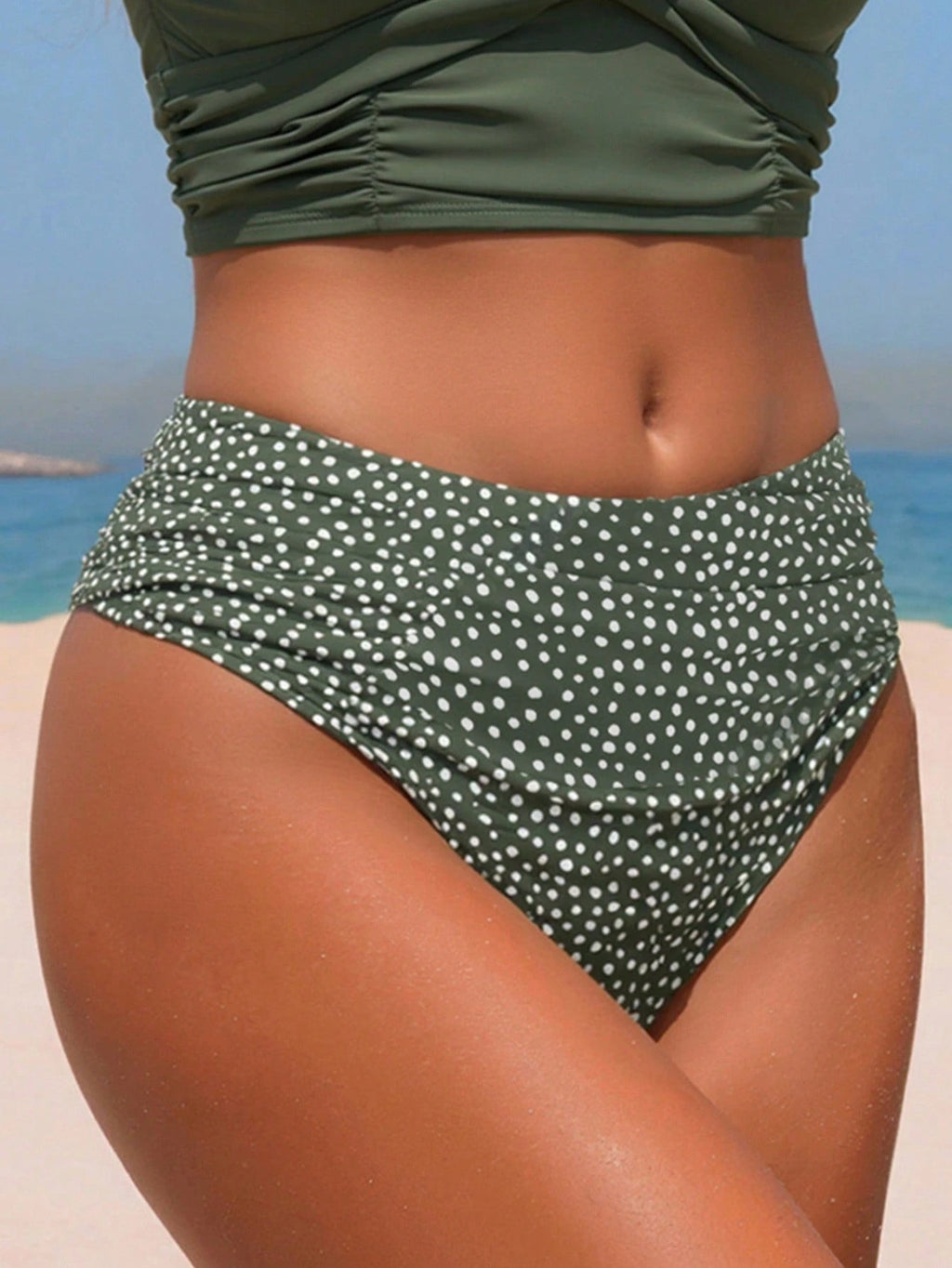 Swim Summer Beach Solid Color Steel-Free V-Neck Top With Polka Dot