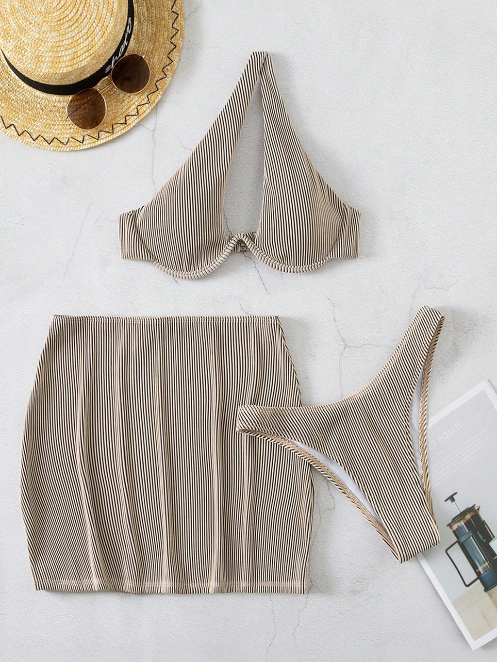 Swim SXY Summer Beach Rib Cut-Out Underwire Bikini With Beach Skirt