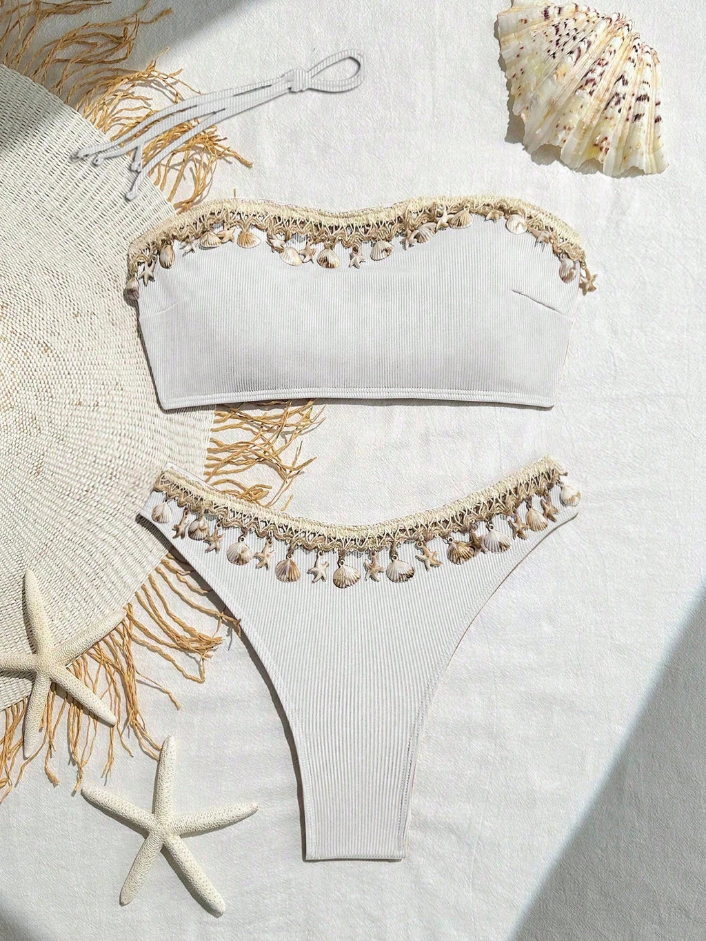 Swim SXY Springbreak Women's Bikini Set, Bandeau Top, Hollow Back, Criss-Cross Straps, Shell Starfish, Ribbed - image 10