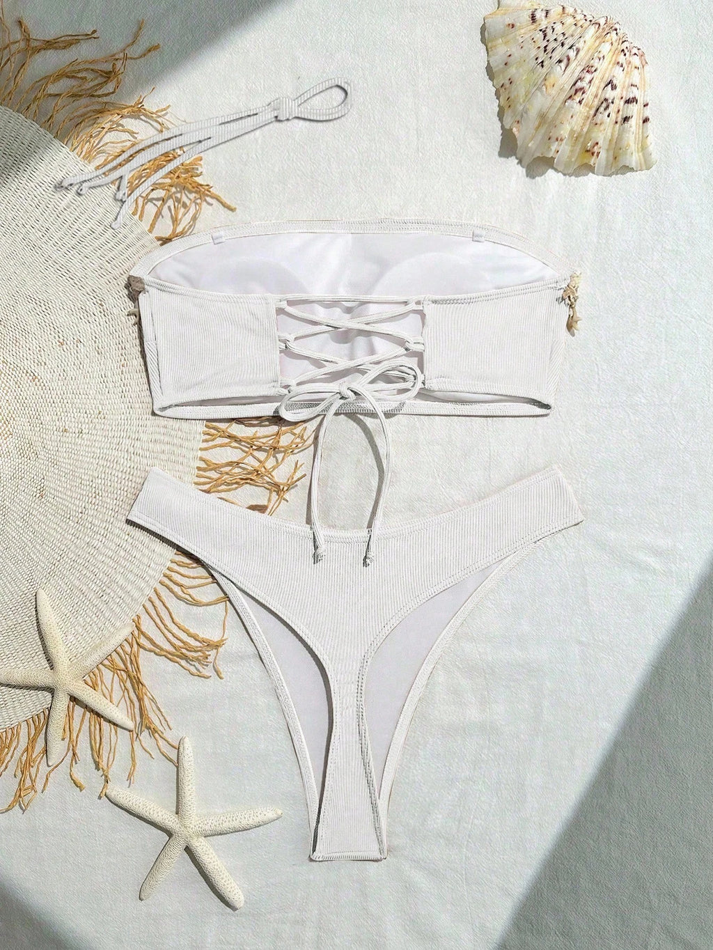 Swim SXY Springbreak Women's Bikini Set, Bandeau Top, Hollow Back, Criss-Cross Straps, Shell Starfish, Ribbed - image 19